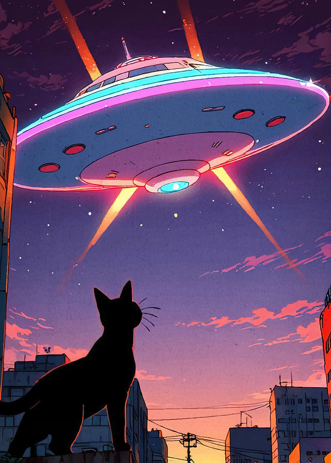 Cat watches UFO city