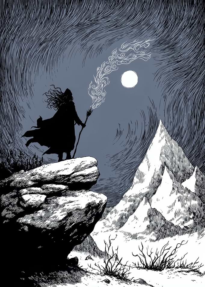Wizard on Mountain Peak at Night