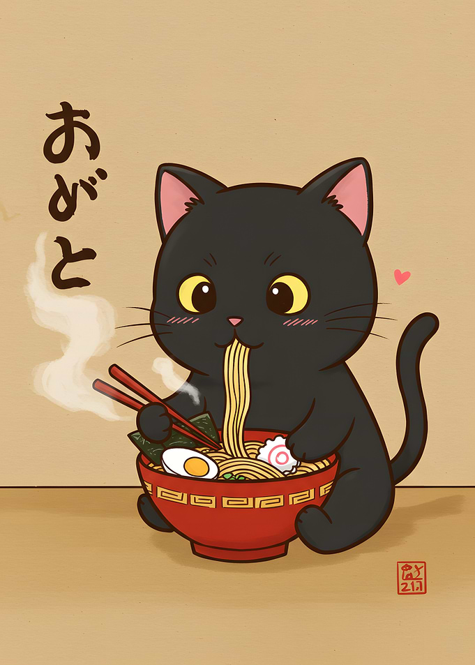 Cute Black Cat Eating Ramen