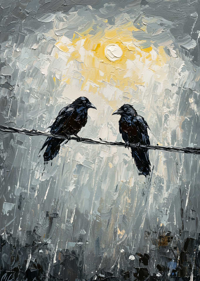 Two Ravens on a Wire Painting