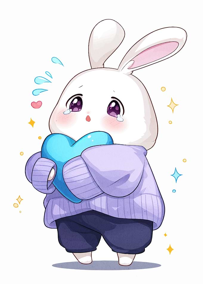 Crying Bunny Holding Blue Heart