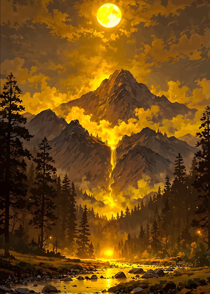 Golden Mountain Landscape with Waterfall