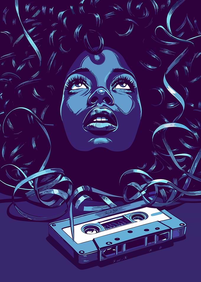 Woman, Cassette Tape, and Flowing Ribbon
