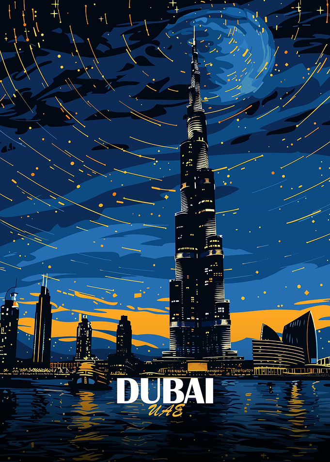 Dubai Skyline at Night Art