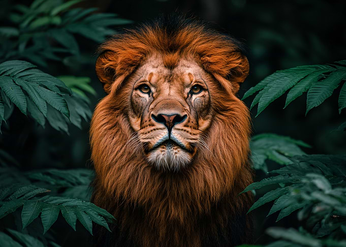 Majestic Lion Portrait in Lush Foliage