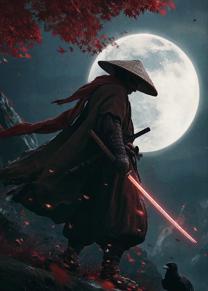 Samurai with Glowing Sword under Moonlight