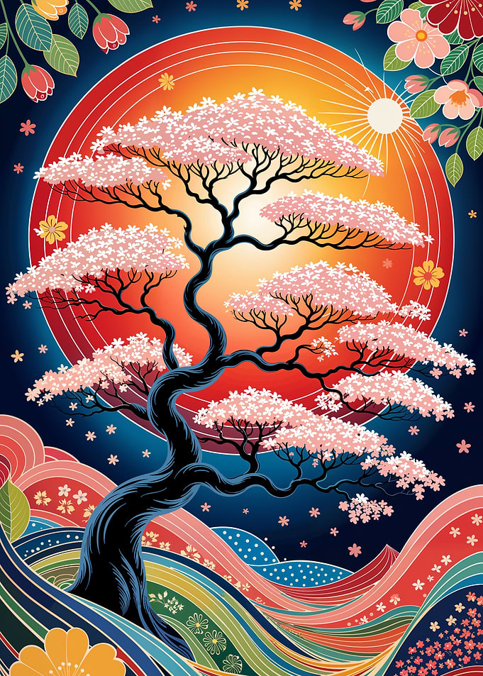 Japanese Sakura Cherry Blossom Tree with Rising Sun