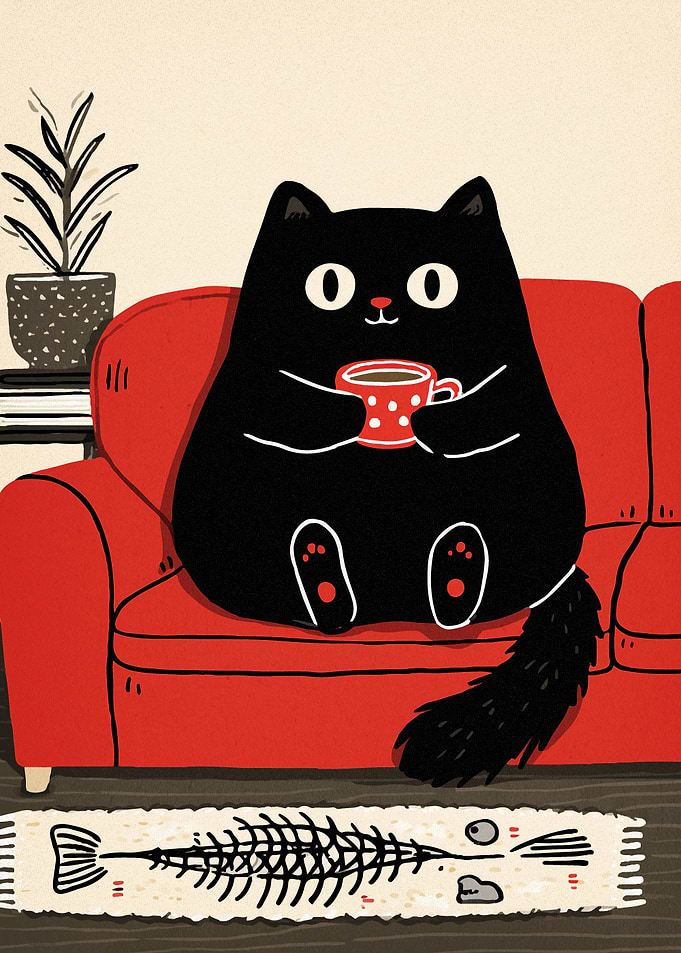 Black Cat with Coffee on Couch