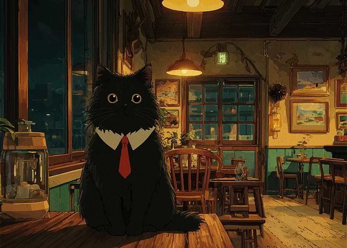 Black Cat in Suit at Cafe