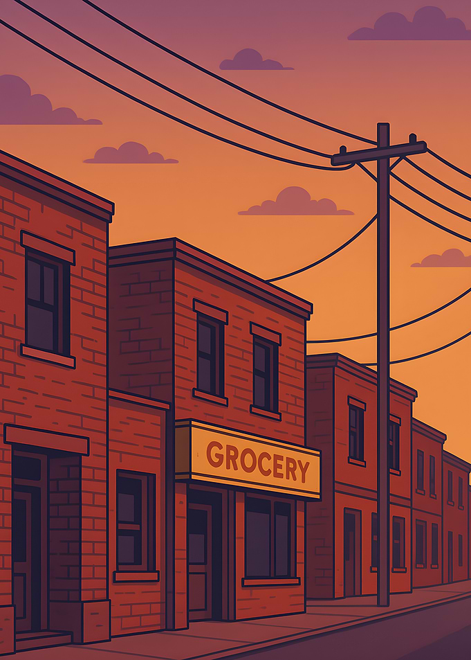 Cartoon Grocery Store at Sunset