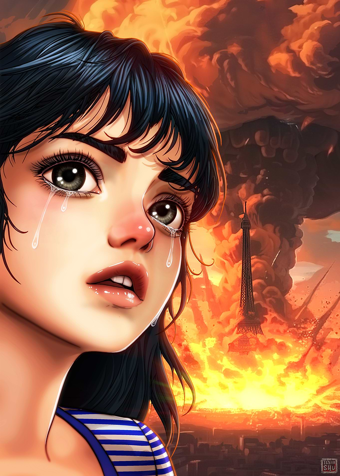Girl Crying in Front of Burning Paris