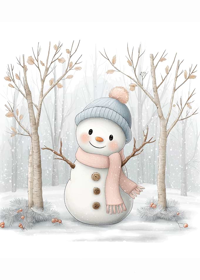 Cute Snowman in Winter Forest