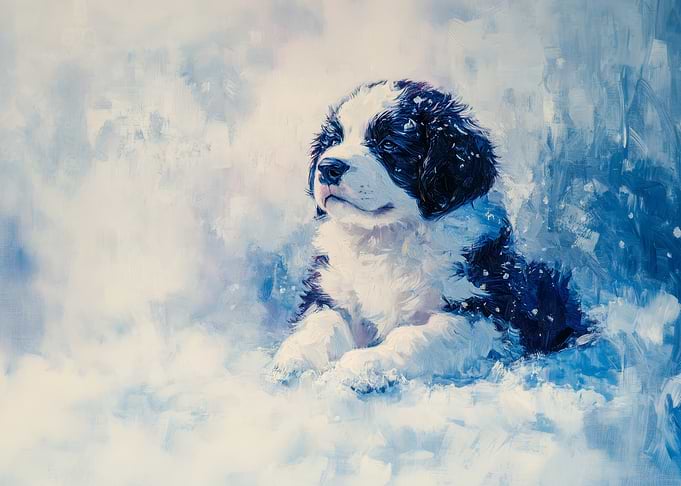 Newfoundland Puppy in Snow | Puppy Portrait in Blue and White
