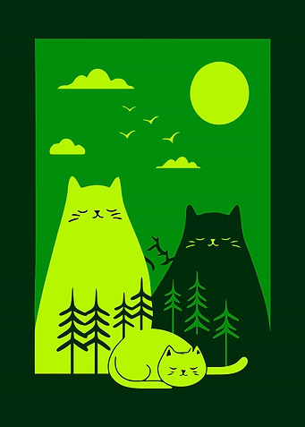 Green Cats in Forest Illustration