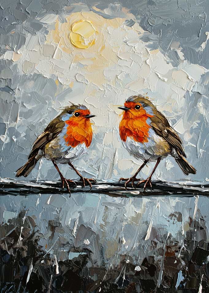 Two Robins on a Wire Painting