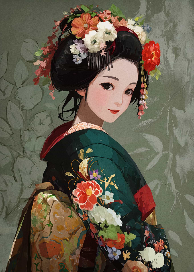 Elegant Geisha Portrait with Floral Adornments