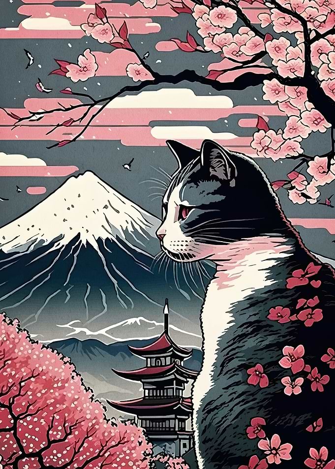 Cat Mount Fuji Cherry Blossoms