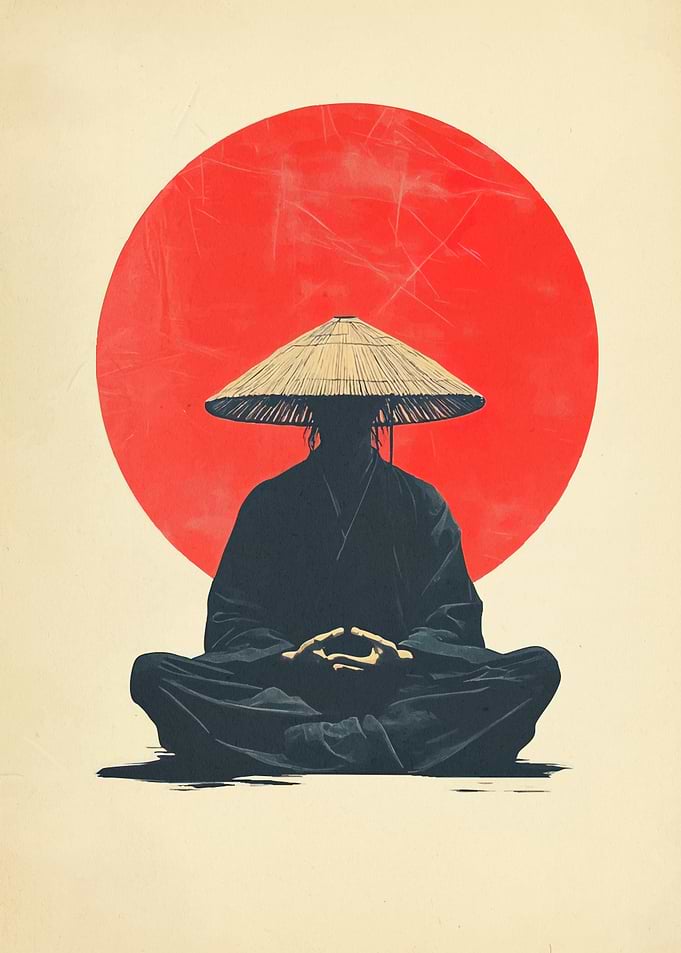 Meditating Monk Red Sun