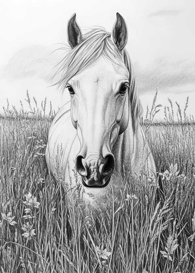 Horse Portrait in Grayscale Field