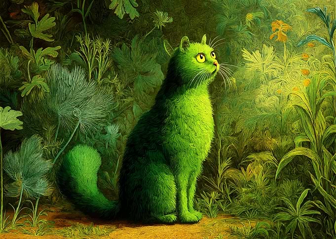 Green Cat in a Lush Garden