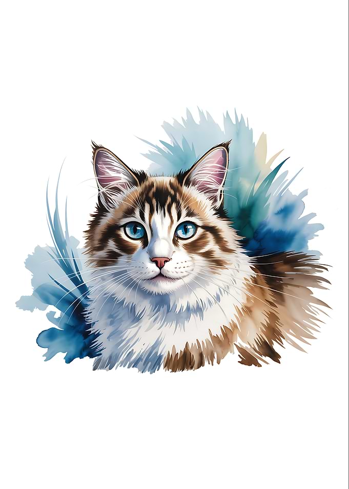Watercolor Cat Portrait with Blue Eyes