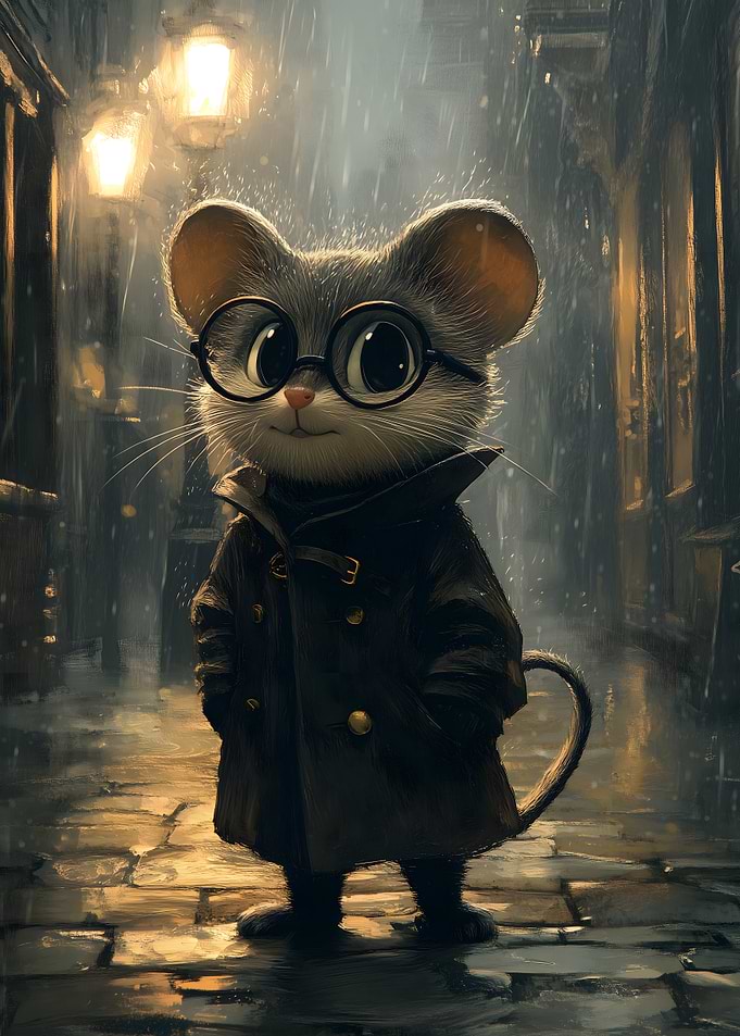 Cool Mouse in Coat on Rainy Street