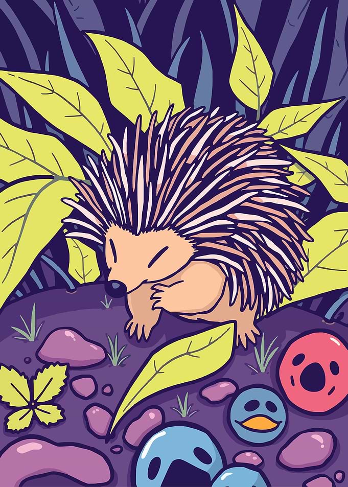 Cartoon Hedgehog in a Forest Scene