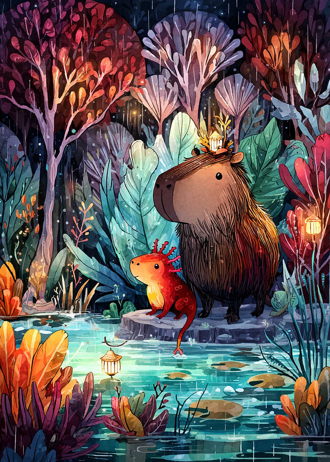 Capybara and Axolotl in Rainy Forest