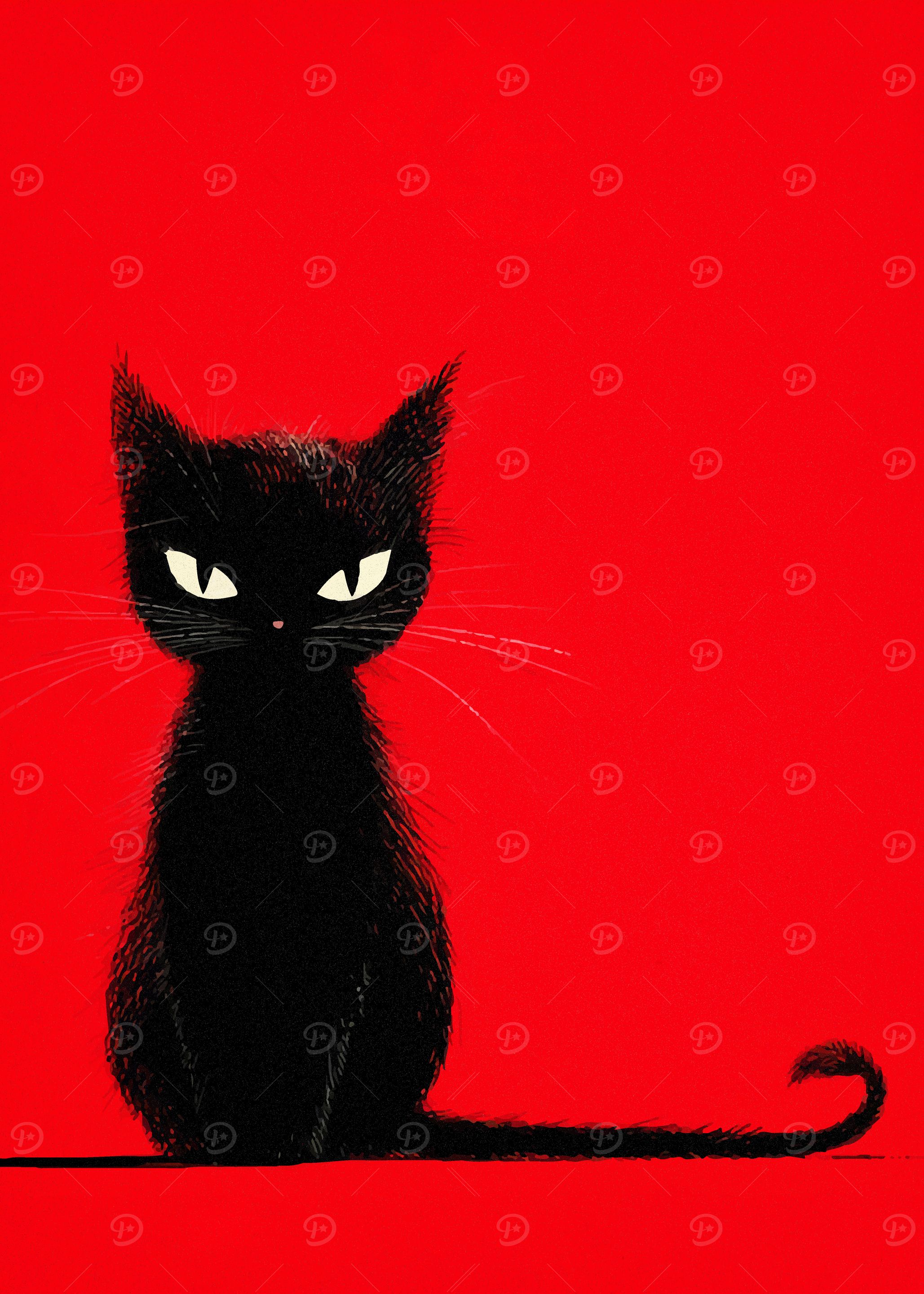 Black Cat on Red Background