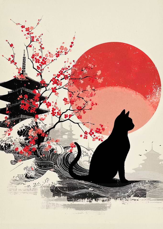 Japanese Cat Silhouette with Cherry Blossoms