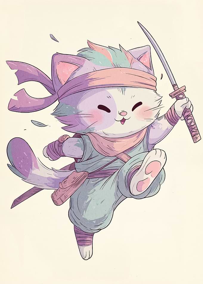 Cute Ninja Cat with Sword