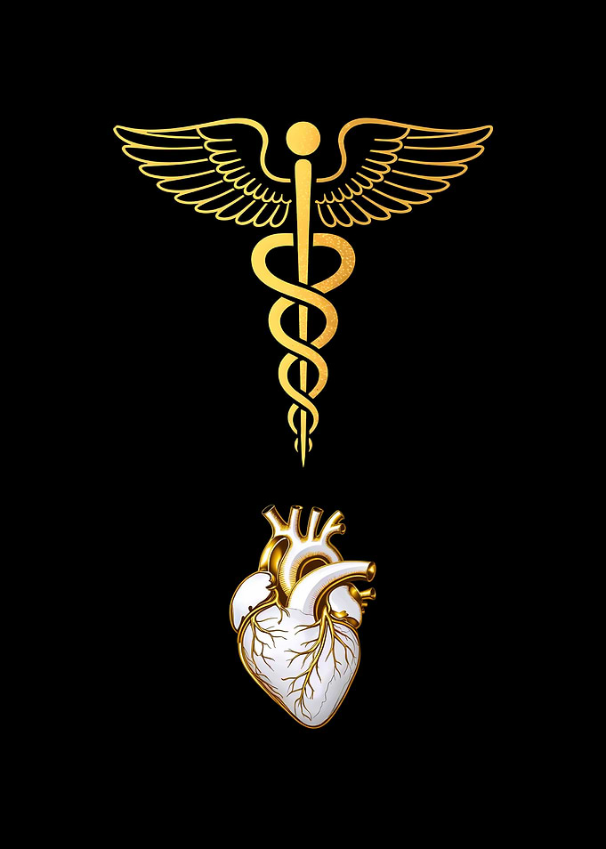 Golden Caduceus and Heart on Black