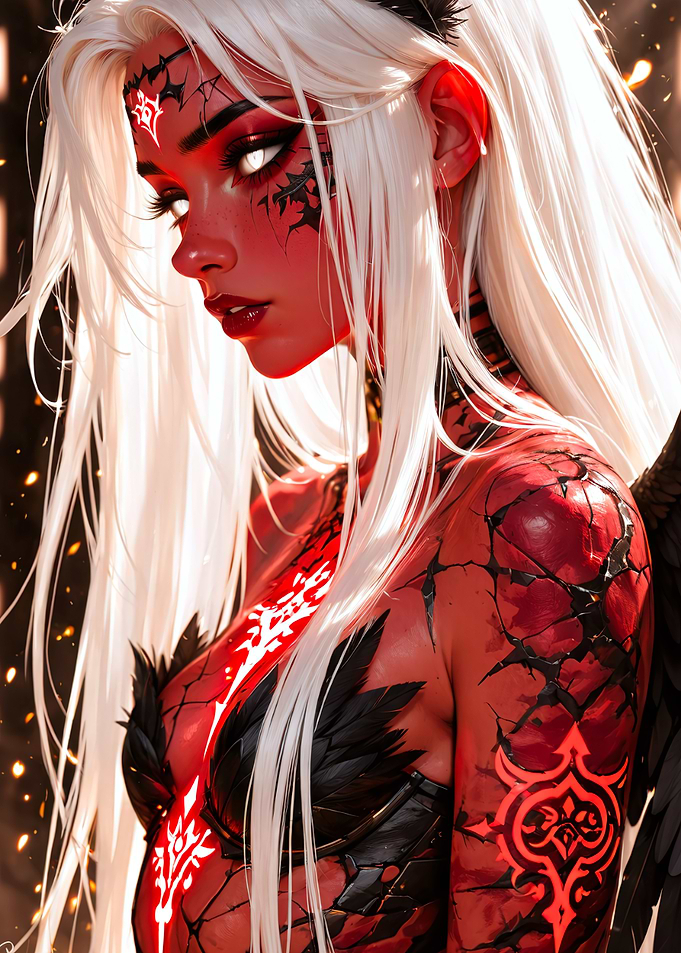 Red-skinned demon woman with white hair
