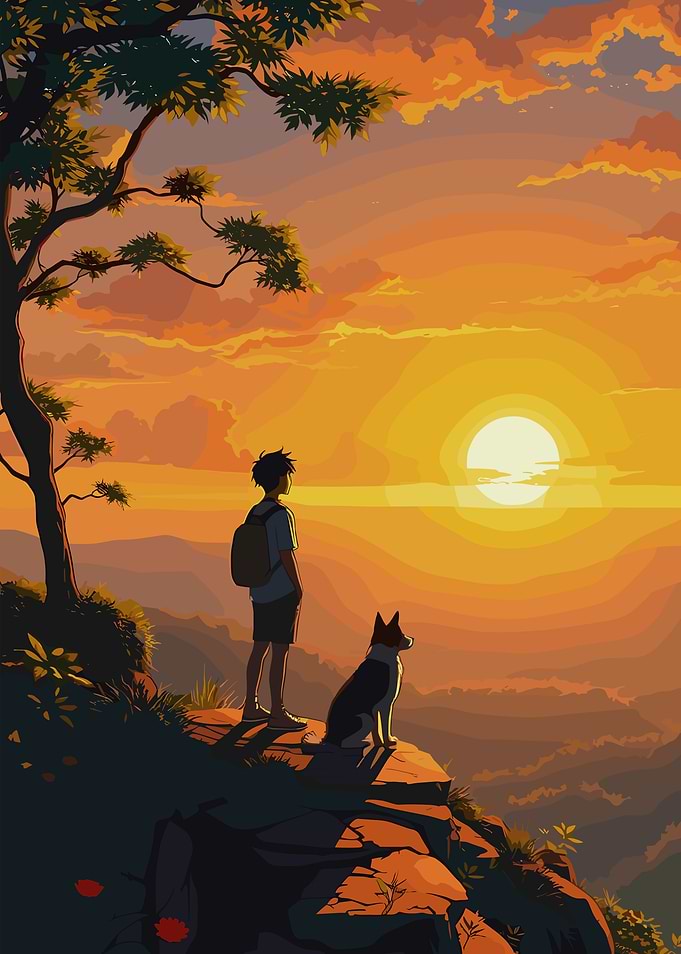 Boy and Dog Watching Sunset Landscape