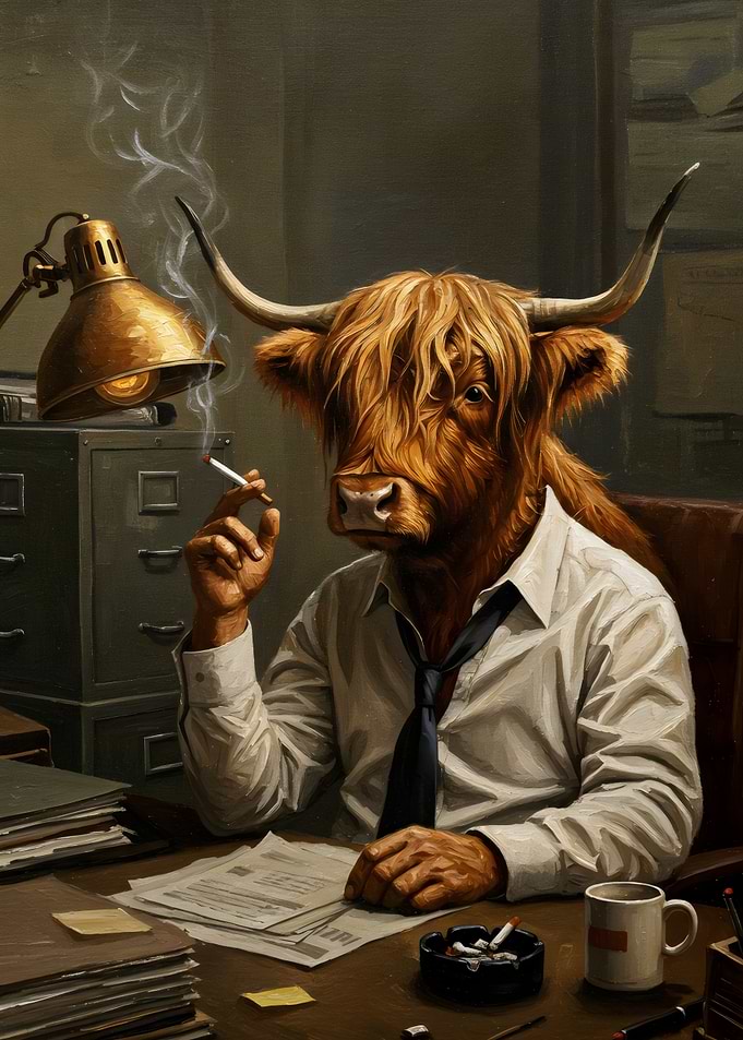 Anthropomorphic Highland Cow Businessman Smoking