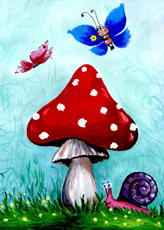 Whimsical Mushroom Scene with Butterflies