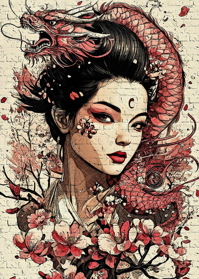 Asian Woman with Dragon and Flowers