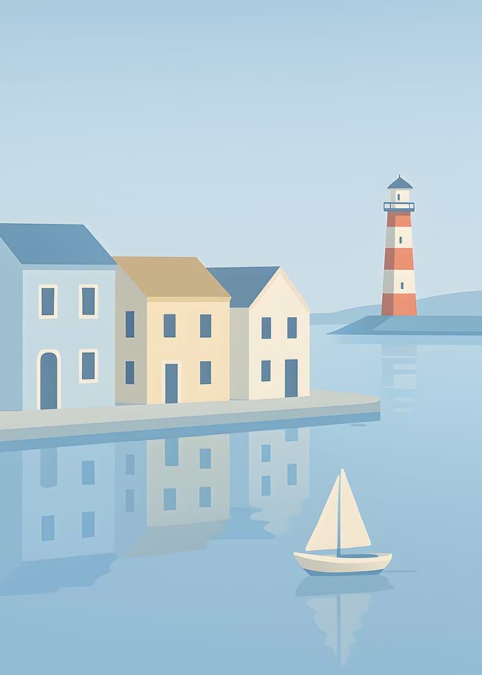 Coastal Town with Lighthouse and Sailboat