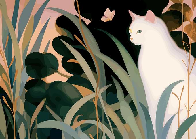 White Cat in Tall Grass