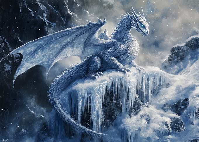 Icy Dragon Perched on Frozen Peak