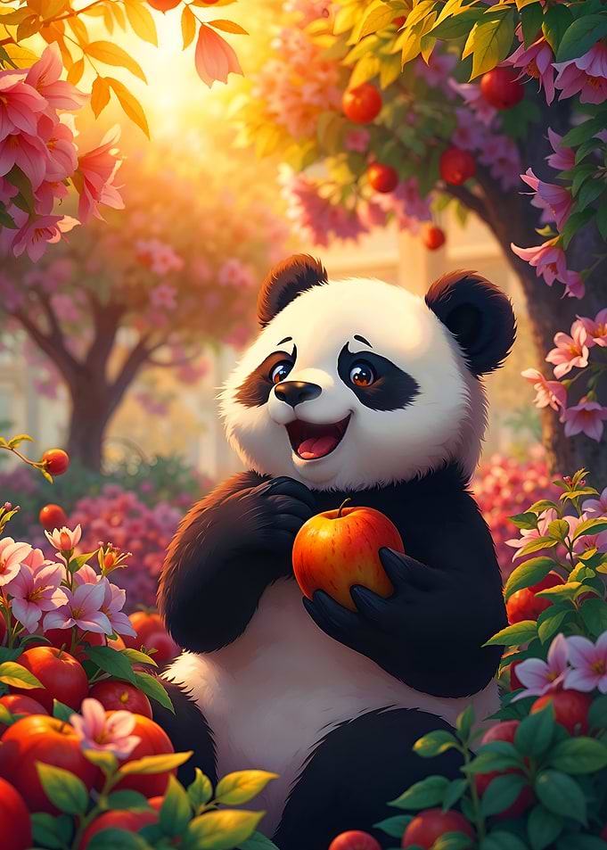 Happy Panda with Apple in Garden