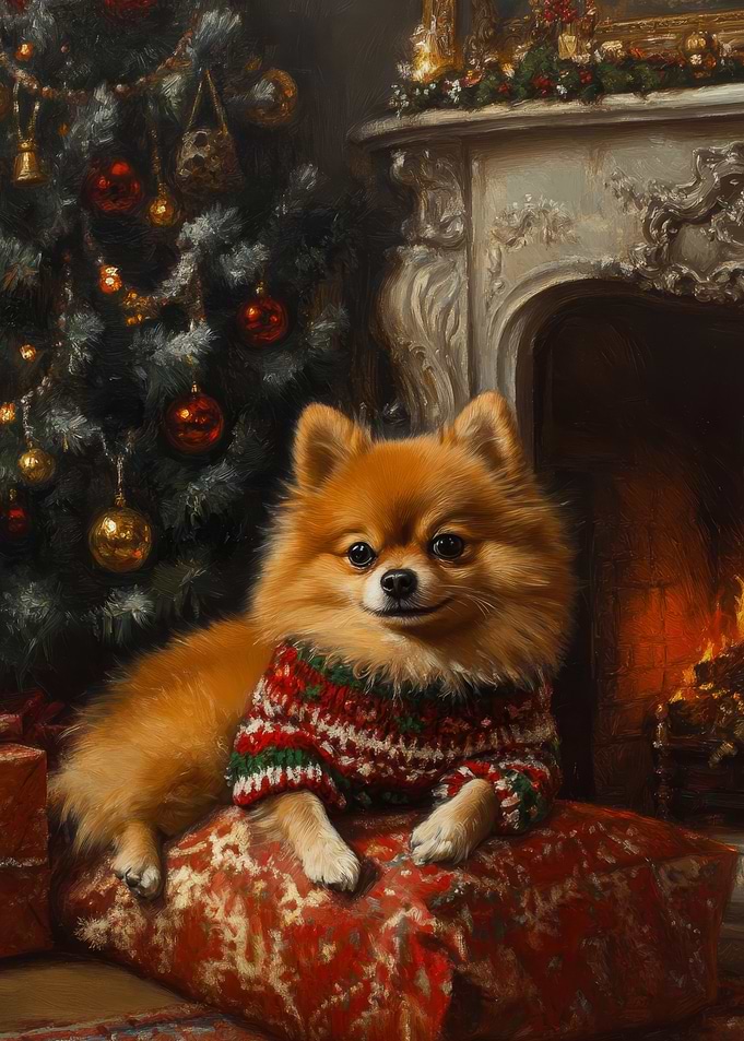 Pomeranian Christmas Portrait | Cute Christmas Dog Art