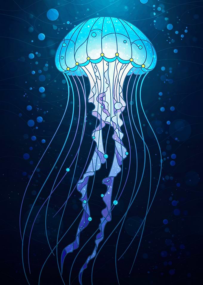 Blue Jellyfish in Deep Ocean Illustration