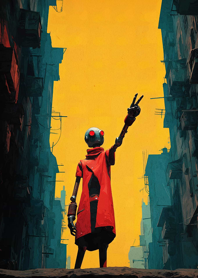 Robot Peace Sign in Urban Setting
