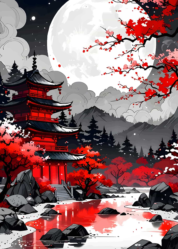 Japanese Pagoda with Moon and Cherry Blossoms