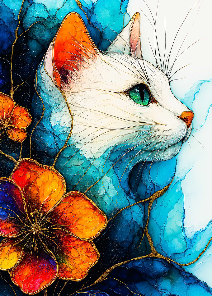 Elegant Cat Portrait with Floral Accents