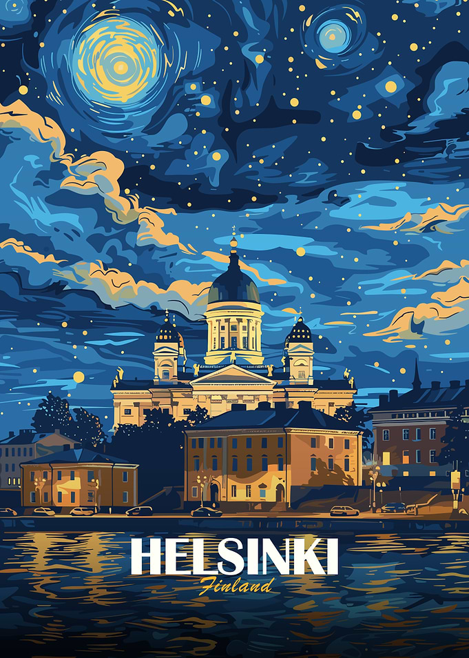 Helsinki Finland Nightscape Art Poster