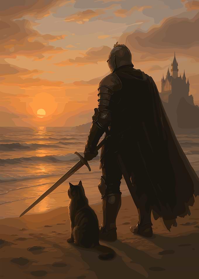 Knight, Cat, and Castle at Sunset
