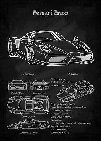 Ferrari Enzo Blueprint on Black Background