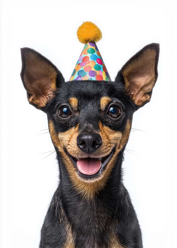 Happy Miniature Pinscher Dog with Party Hat